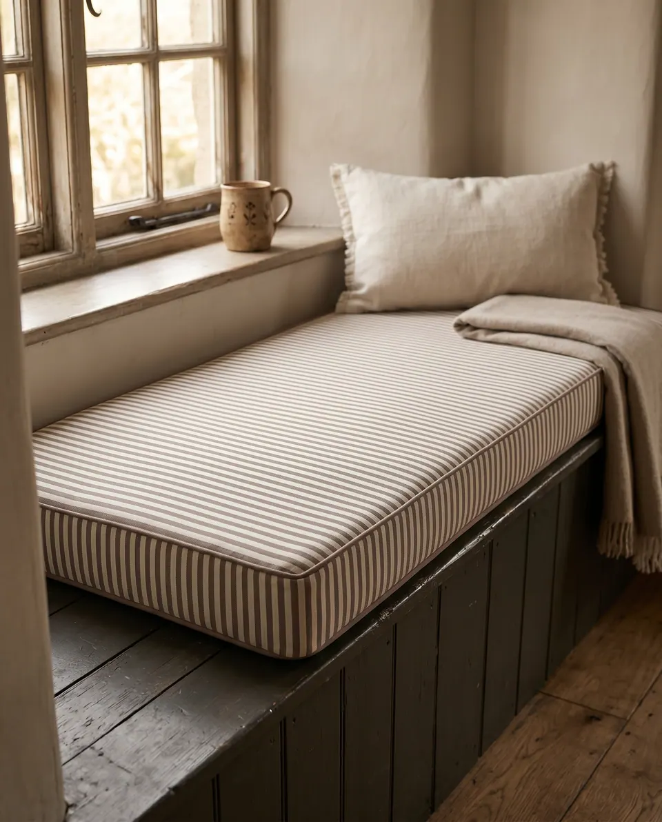 Dark taupe and cream ticking stripe window seat cushion with plain taupe piping on a dark plank bench in a cottage nook