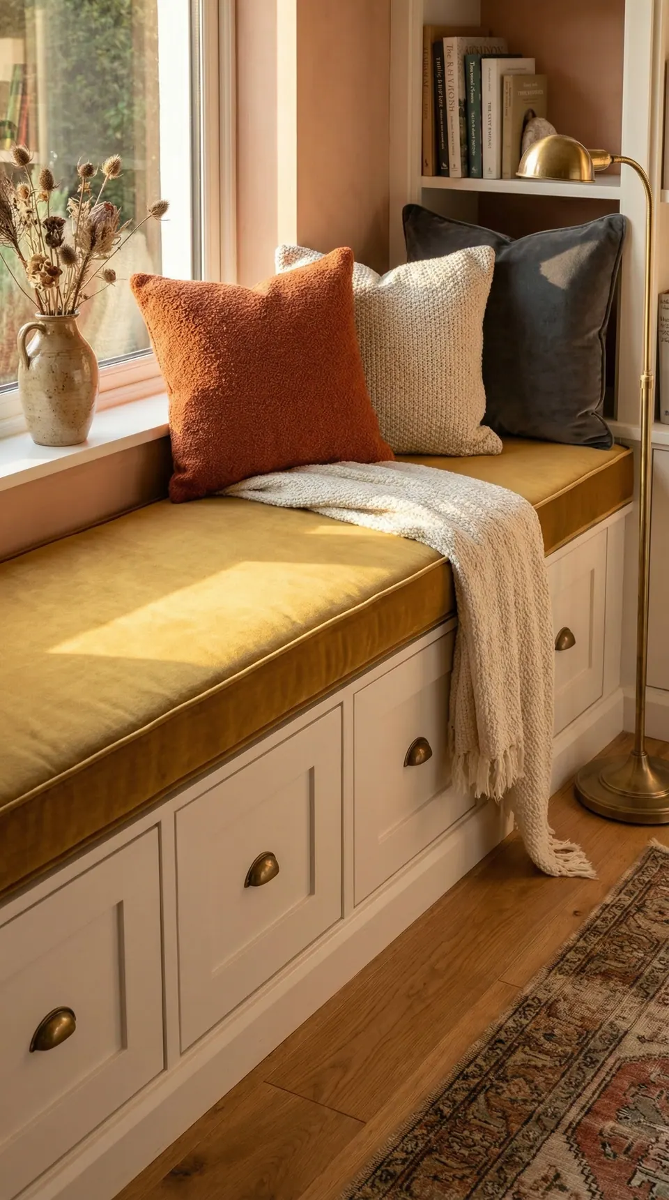 Deep mustard velvet window seat cushion on white drawers with brass pulls, rust, cream and charcoal pillows and a knit throw