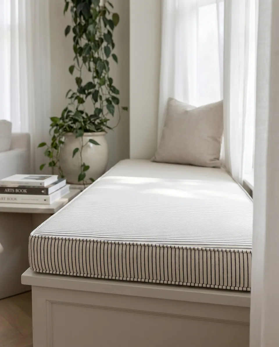 Deep ivory window seat cushion with near-black pinstripes, an oatmeal pillow, sheer curtains and a pothos in a cream urn