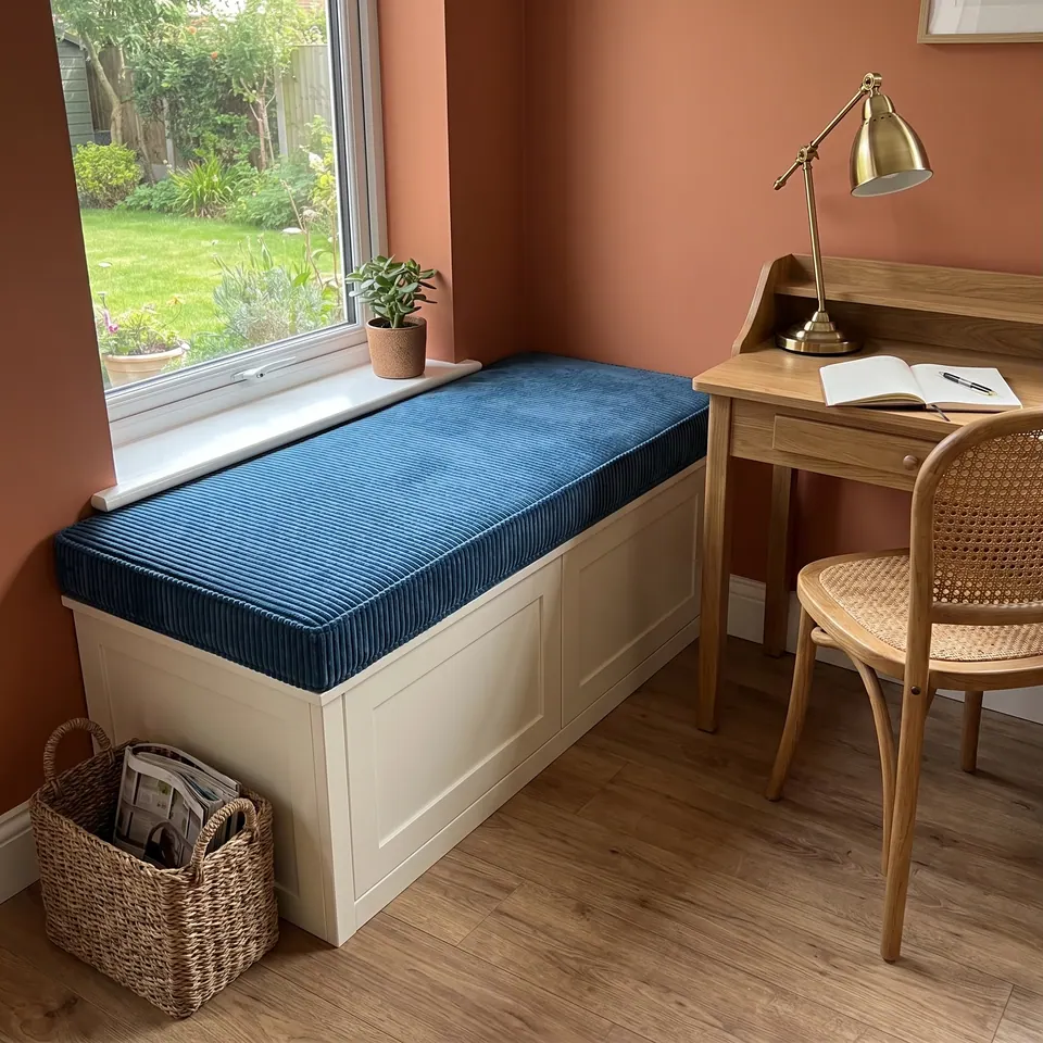 Denim blue corduroy cushion on a cream paneled window seat in a terracotta study with an oak desk and cane chair