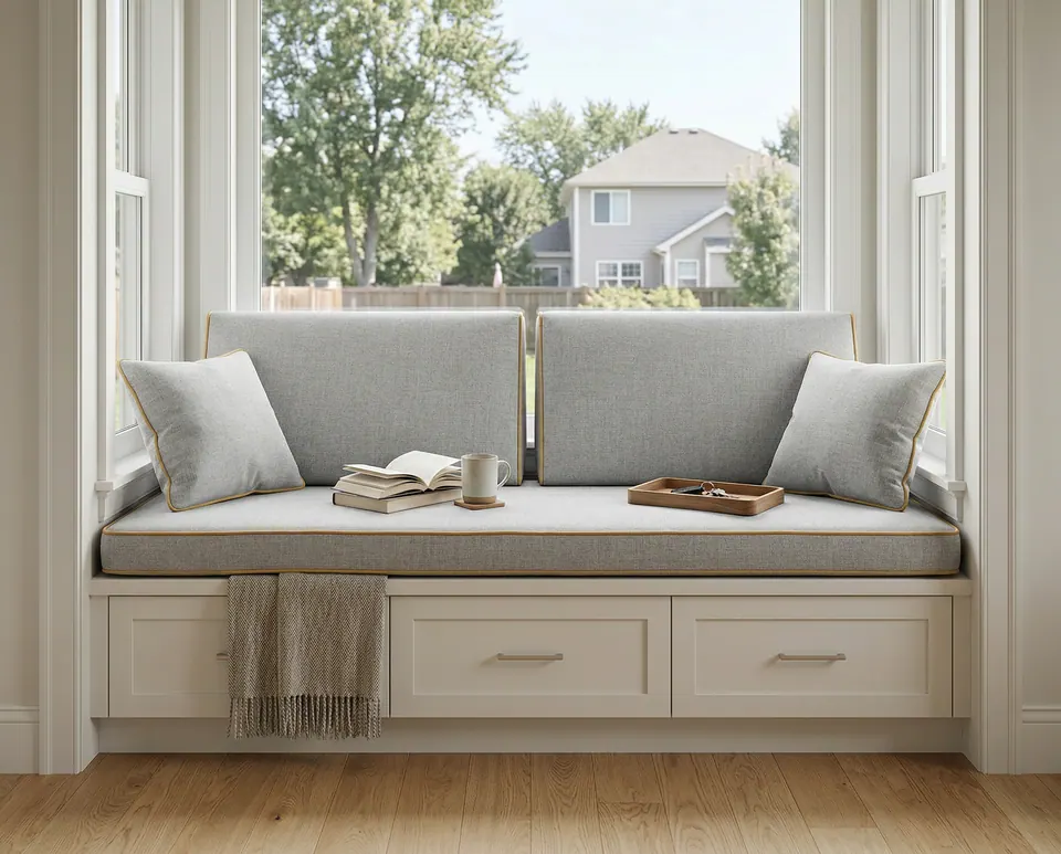 Dove gray linen-look window seat cushion and two backrests with camel piping above white shaker drawers, fringed throw