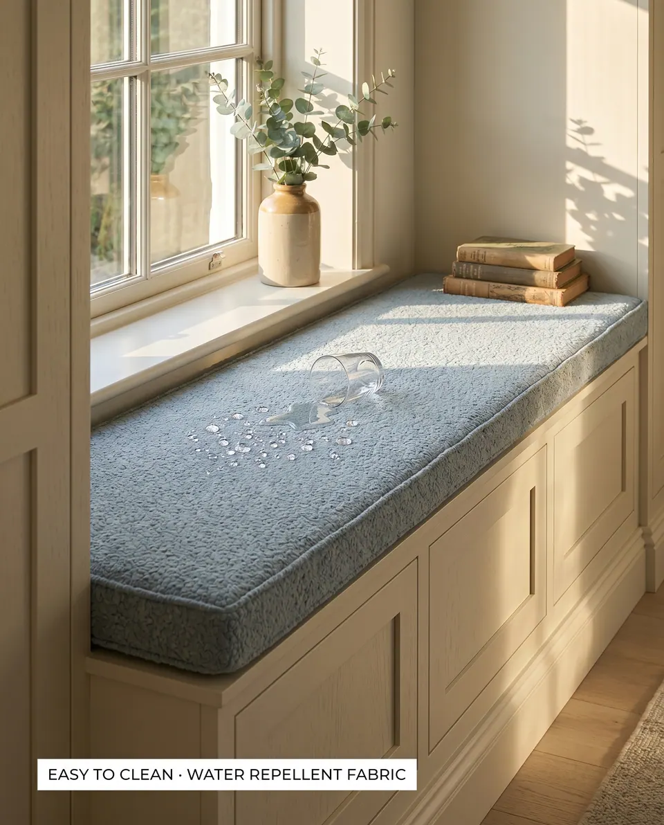 Dusty blue bouclé window seat cushion on cream shaker drawers with a tipped glass and beaded water spill on top