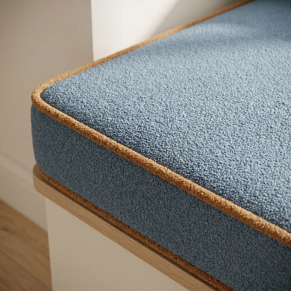 Dusty blue bouclé box cushion with caramel contrast piping on a white built-in seat with an oak lip