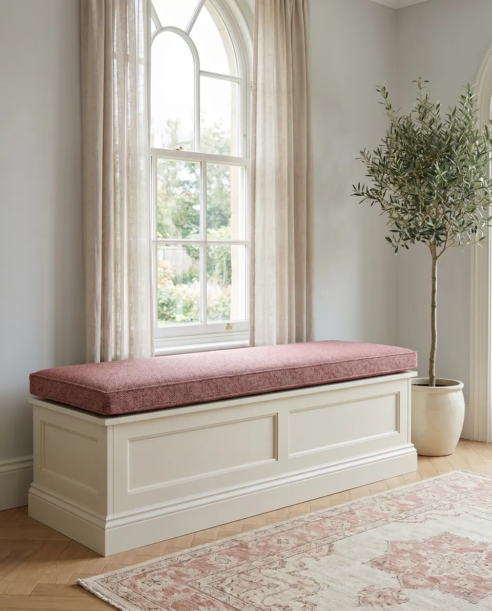 Dusty rose woven box cushion on a cream paneled storage chest beneath an arched window, olive tree and faded pink rug