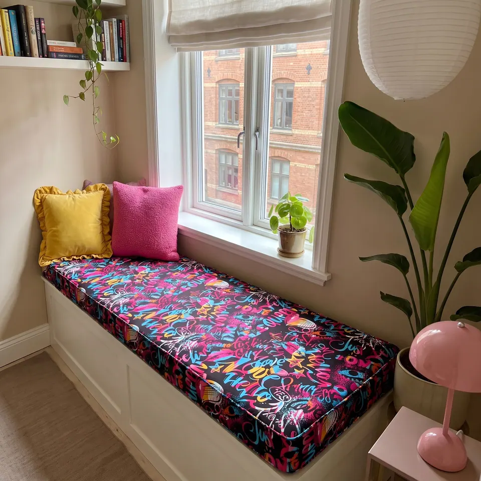 Black graffiti-print window seat cushion in pink, turquoise and yellow on a white box seat under a sash window