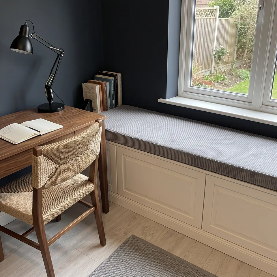 Light gray corduroy cushion on a cream paneled window seat against a navy wall, with a walnut desk and rush chair