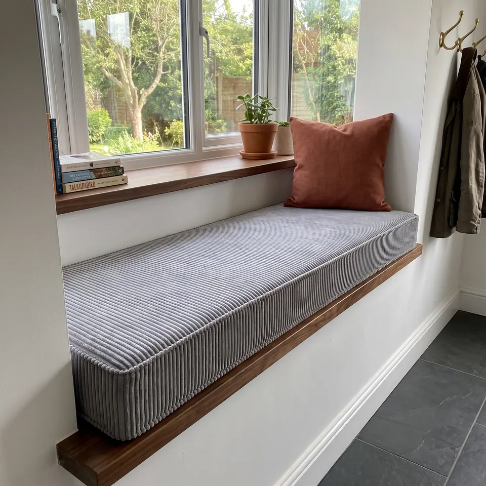Light gray corduroy box cushion on a walnut window seat in a slate-floored hallway, rust pillow and brass coat hooks