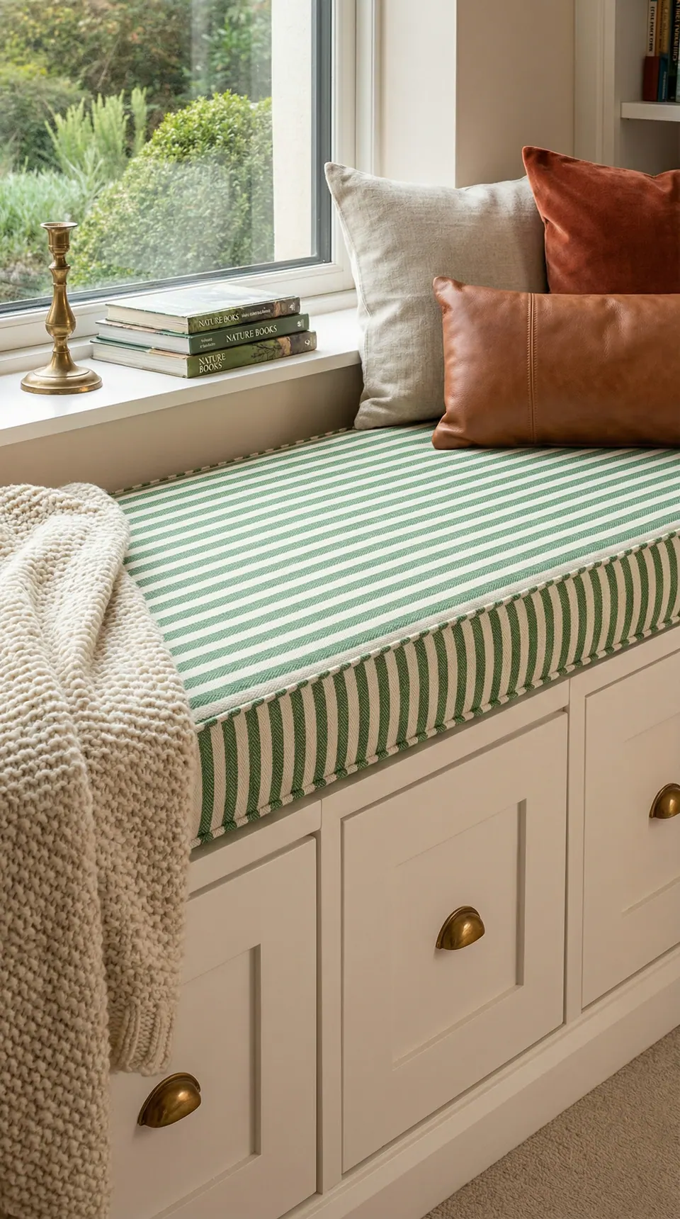 Green and white striped window seat cushion on cream drawers with brass cup pulls, rust velvet and leather pillows