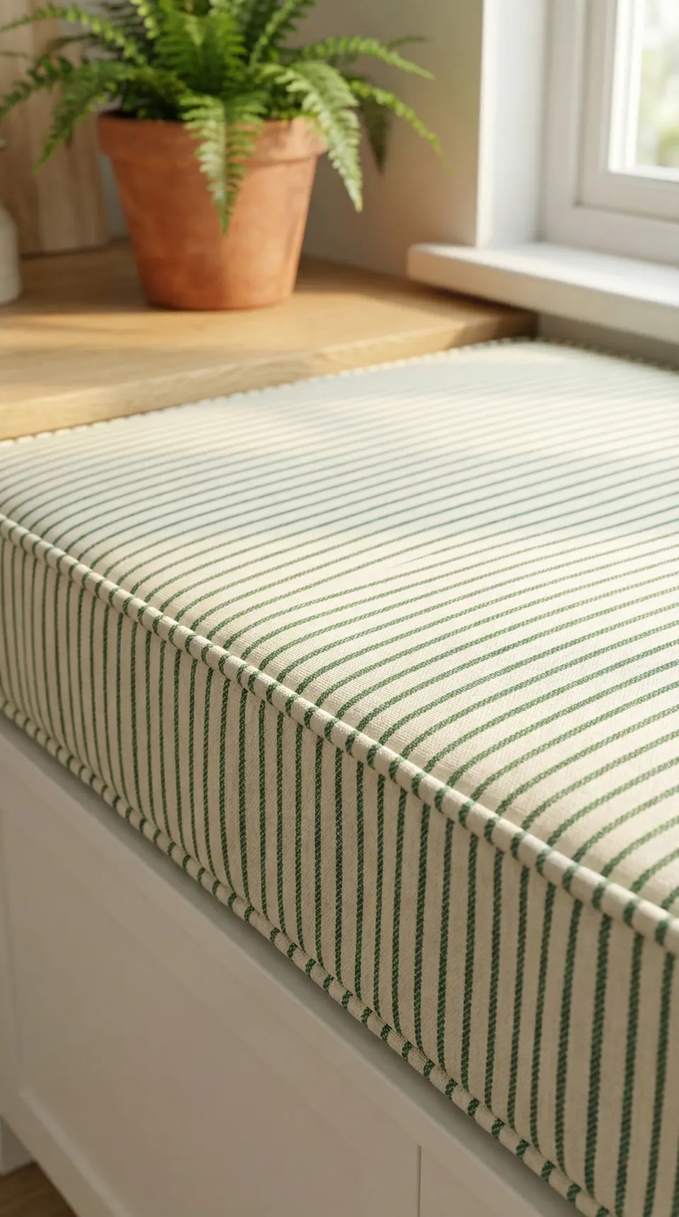 Close-up of a cream window seat cushion with fine forest green ticking stripes and self piping beside a fern in terracotta