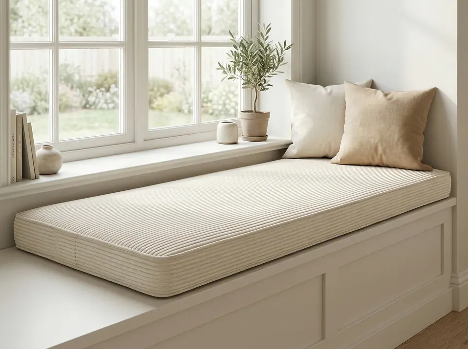 Ivory corduroy window seat cushion on a white bench with ivory and oatmeal linen pillows, olive tree and garden view