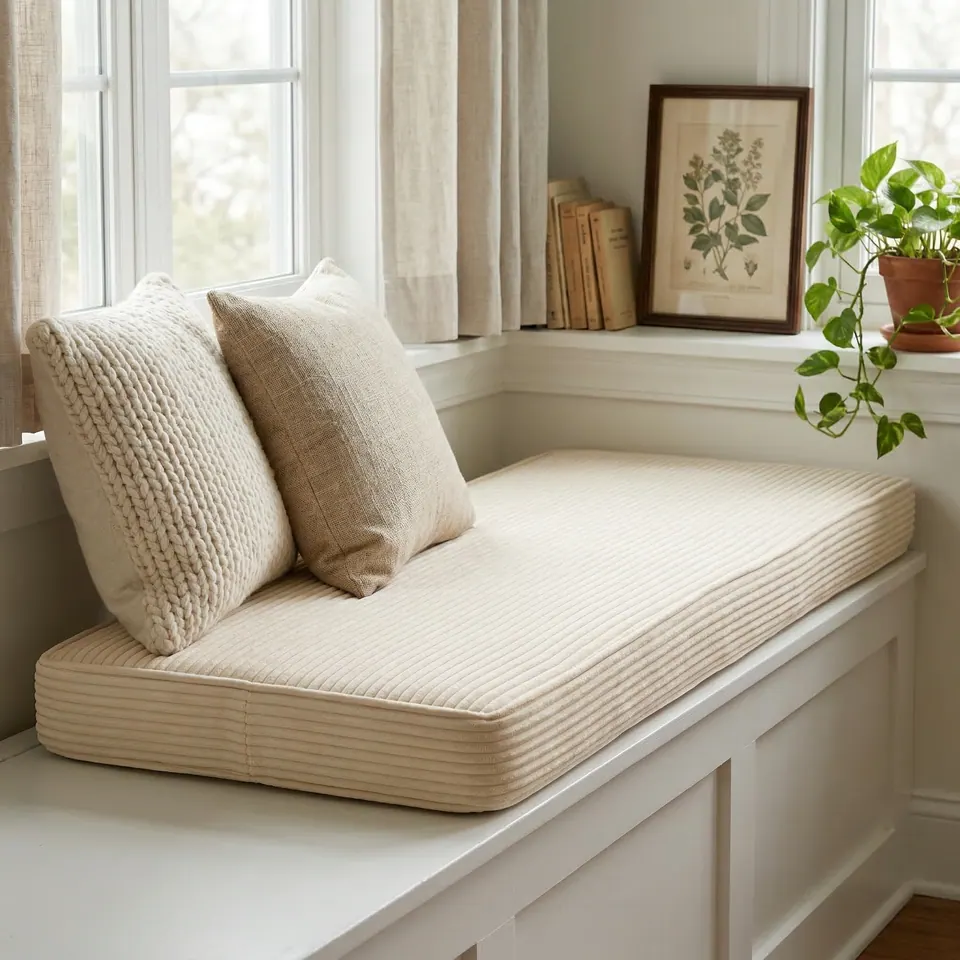 Ivory corduroy window seat cushion on a white bench with cream knit and oatmeal pillows under linen curtains