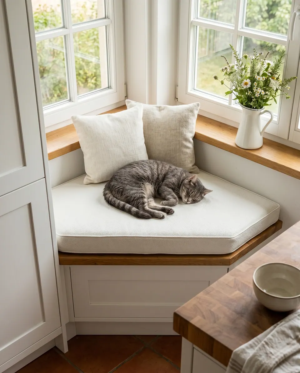 Ivory corner window seat cushion with angled front on an oak-edged kitchen bench, tabby cat asleep, wildflowers on sill