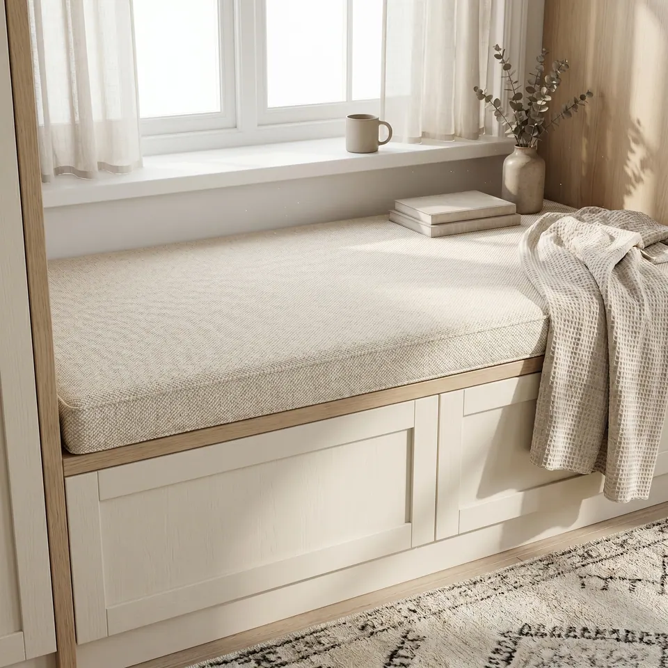 Ivory two-tone dotted chenille window seat cushion without piping on a built-in drawer base, waffle throw and eucalyptus