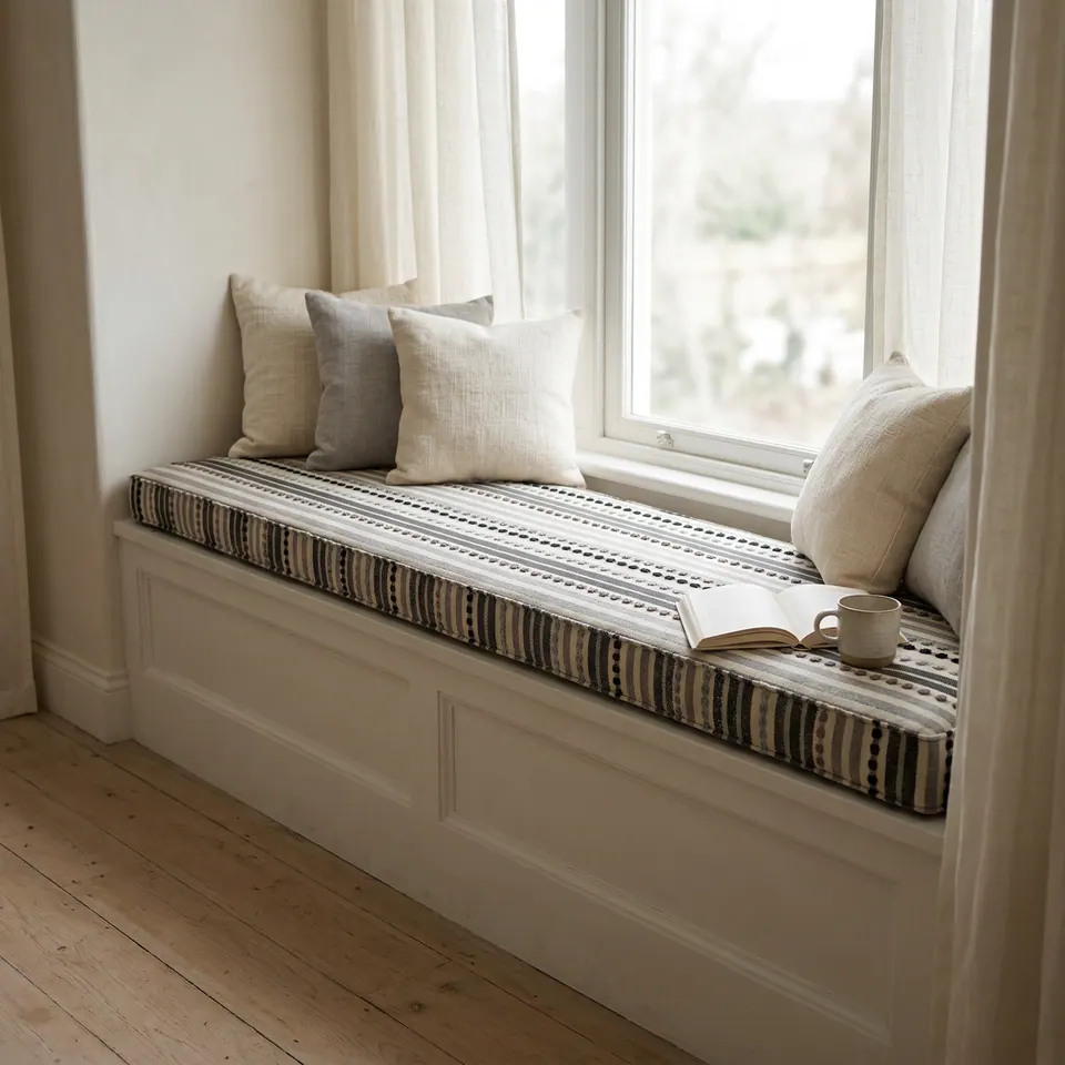 Black, gray and cream knotted stripe cushion on a white paneled window seat with linen pillows, an open book and a mug
