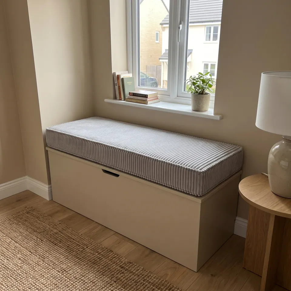 Light gray wide-wale corduroy cushion on a putty-painted storage bench under a white window in a beige bedroom