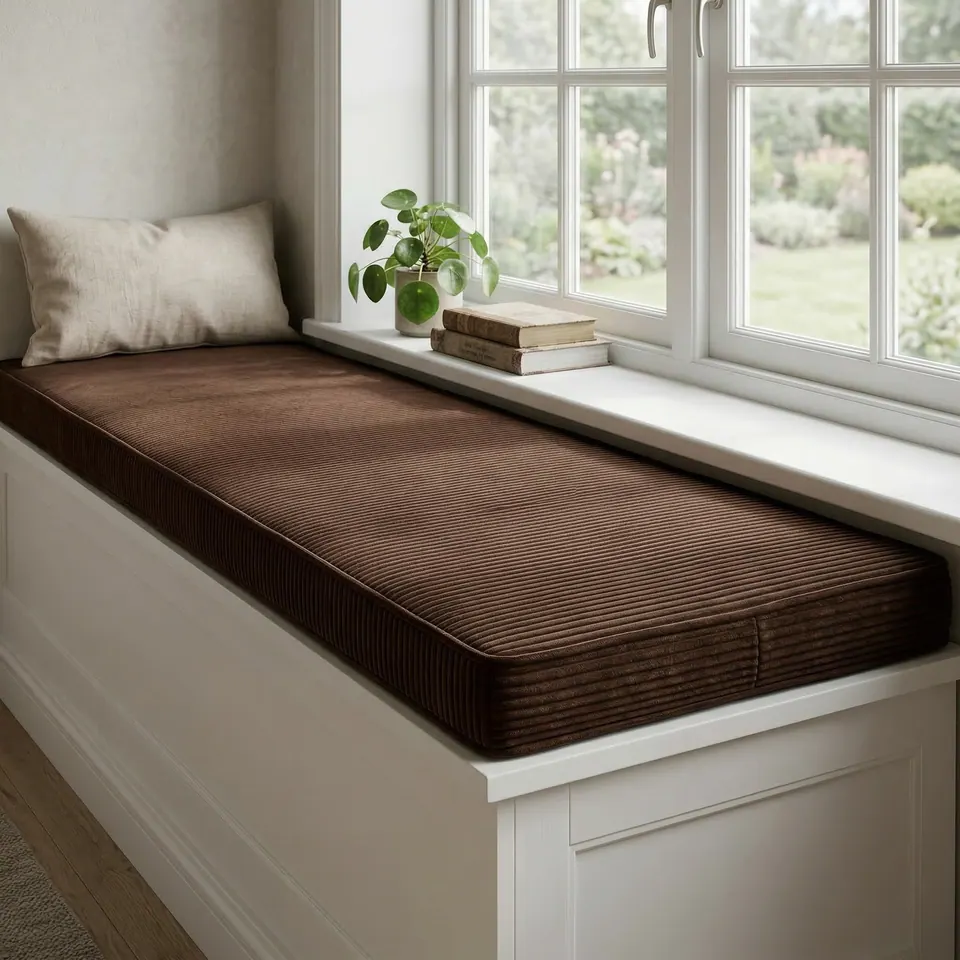 Long chocolate brown corduroy window seat cushion on a white bench with an oatmeal lumbar pillow, pilea plant and garden view