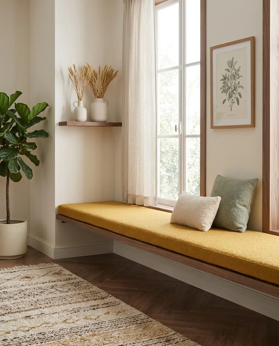 Pinned: Long mustard bouclé cushion on a floating walnut bench under tall windows with cream and sage pillows and dried wheat