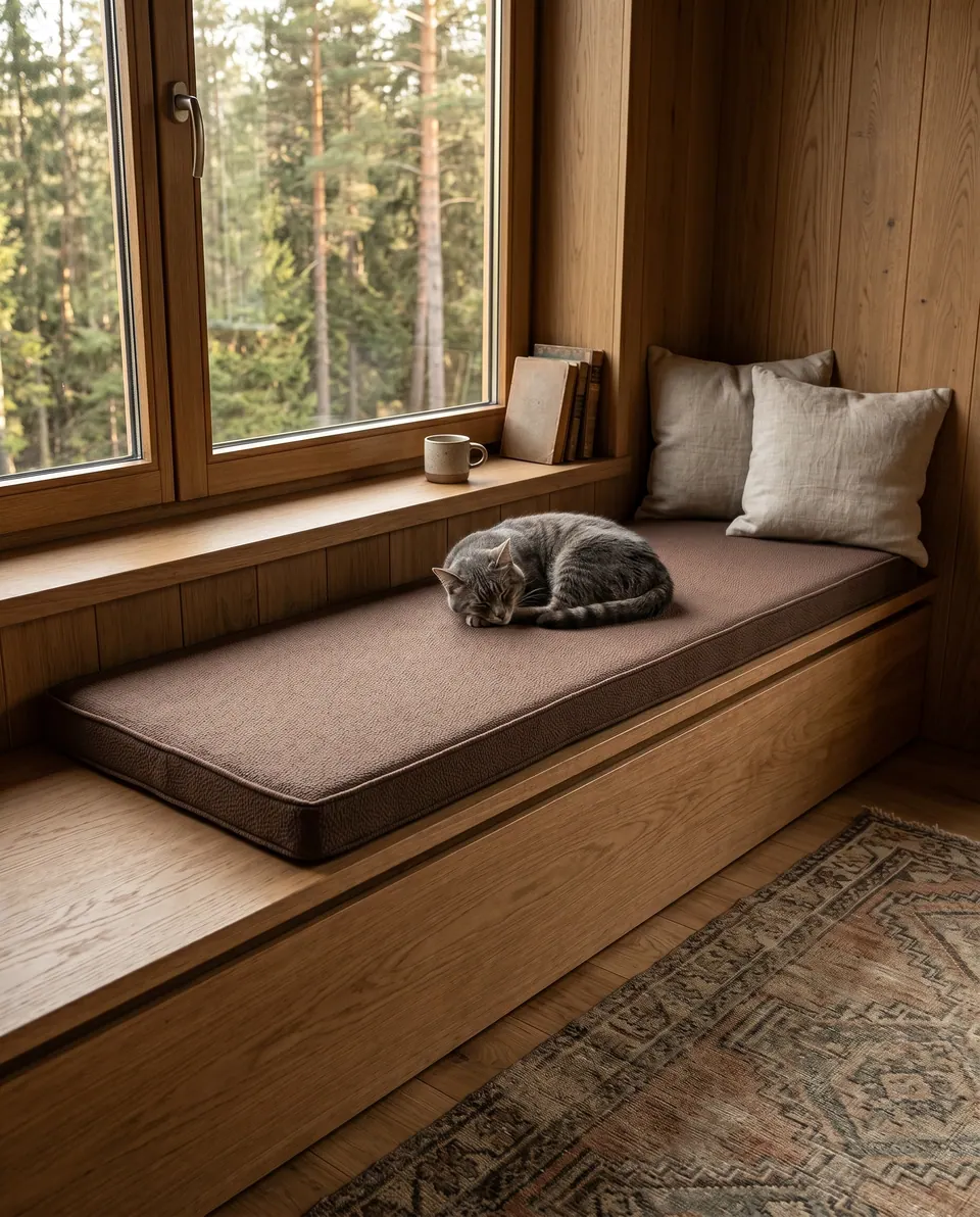 Mocha brown piped window seat cushion in an oak-paneled cabin nook with a sleeping cat and linen pillows by a forest window