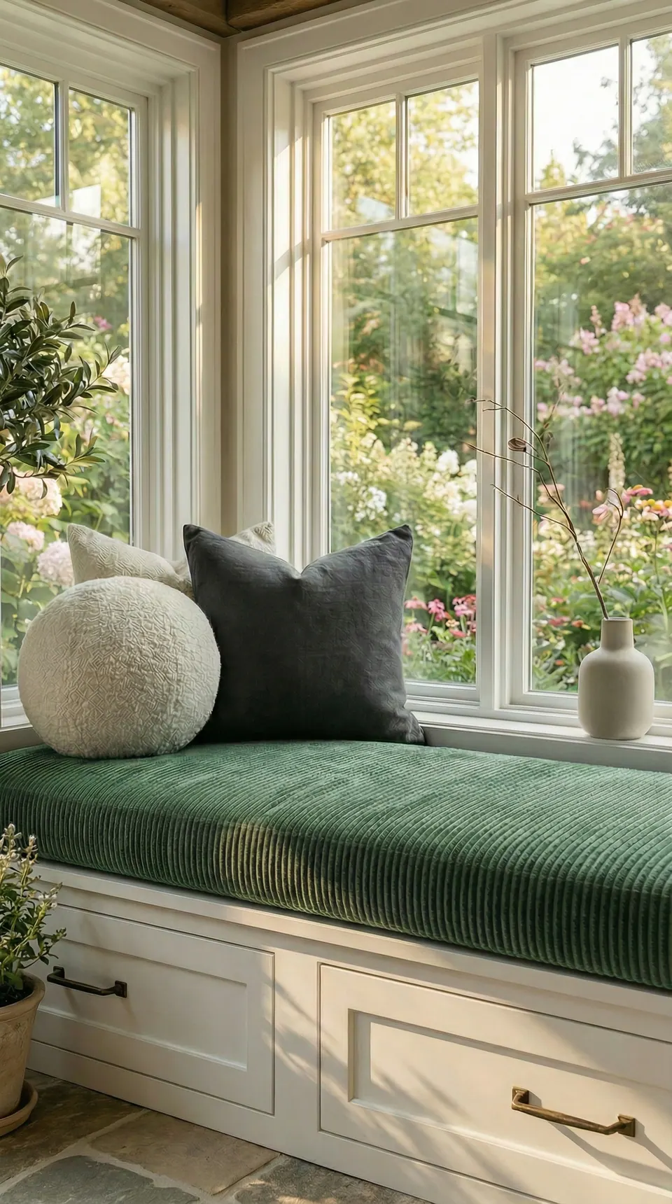 Moss green corduroy window seat cushion on white drawers with a boucle ball pillow, facing a flowering garden