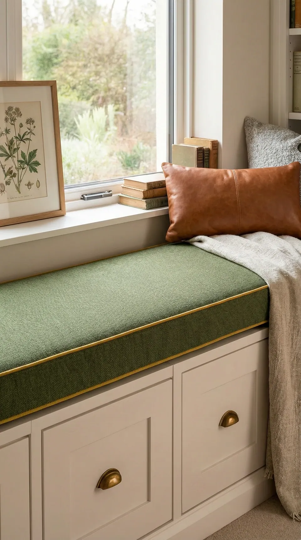 Moss green box window seat cushion with mustard gold piping on white shaker drawers, cognac leather pillow, garden window