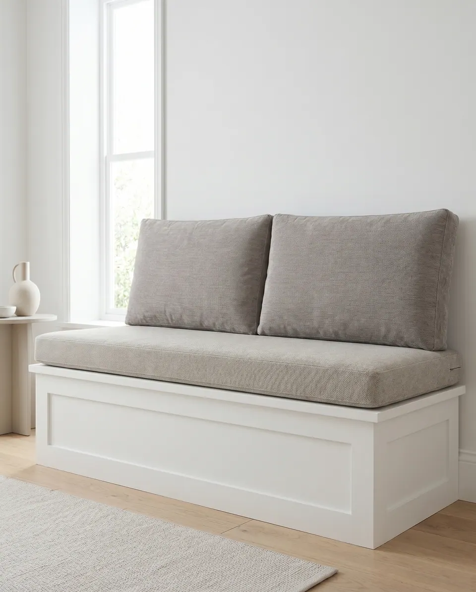 Mushroom taupe seat cushion with two back cushions on a white paneled storage bench beneath a tall window