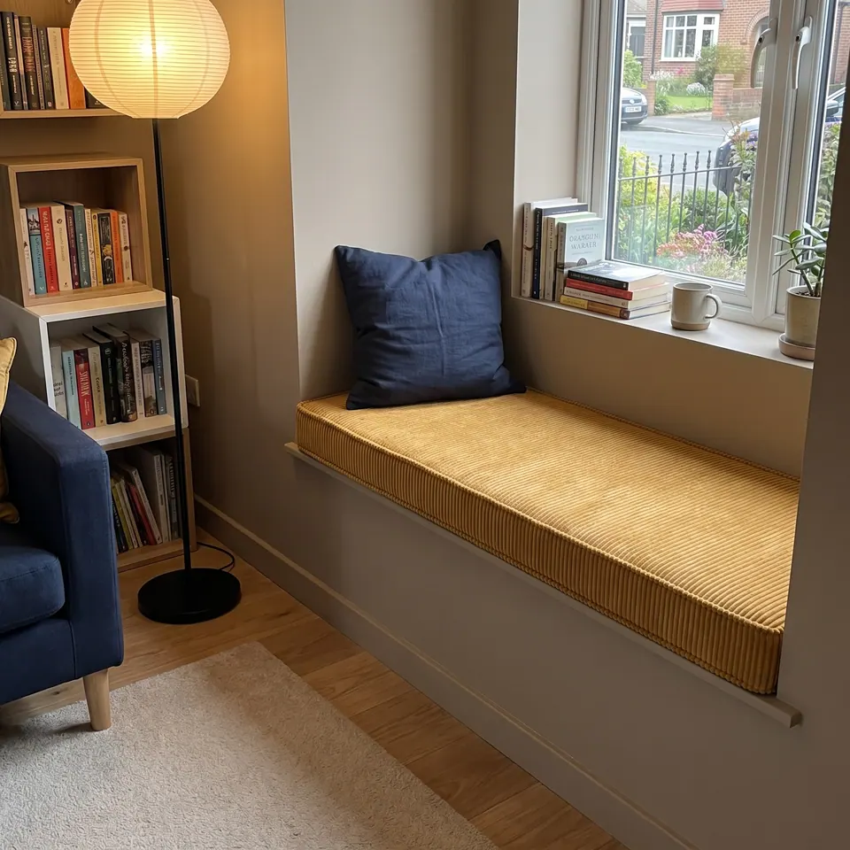 Mustard corduroy box cushion on a painted window ledge, navy linen pillow, paper globe lamp and pine book cubes nearby