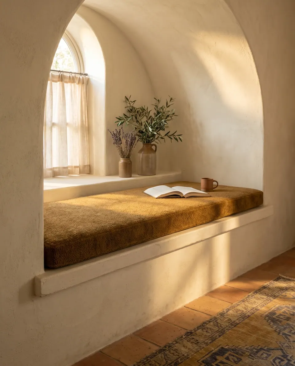 Mustard ochre bouclé cushion in a deep arched plaster window alcove, lavender and olive in stoneware jugs, terracotta floor