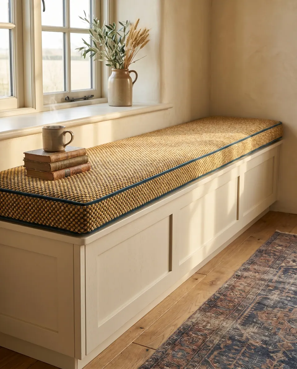Long mustard dotted chenille window seat cushion with petrol blue velvet piping on a cream storage bench, blue vintage rug