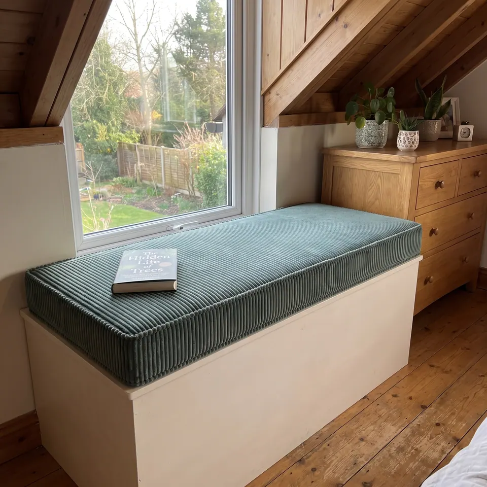 Muted teal wide-wale corduroy cushion on a cream storage chest under an attic window with pine ceiling and oak drawers