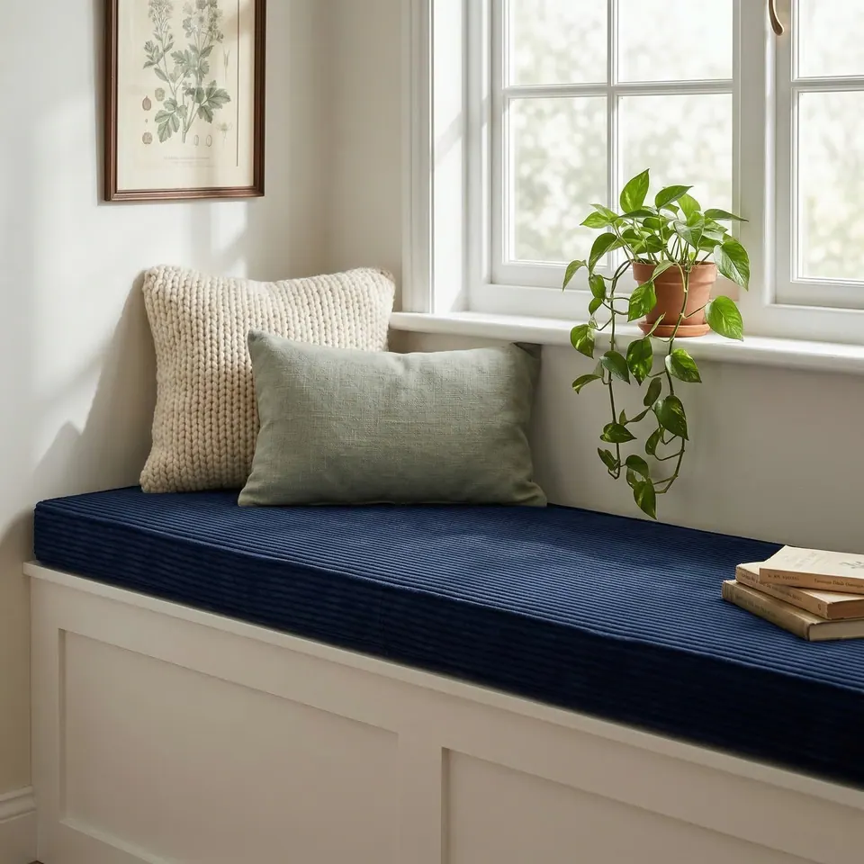 Navy corduroy window seat cushion on a white paneled bench with a cream knit pillow, sage lumbar and books