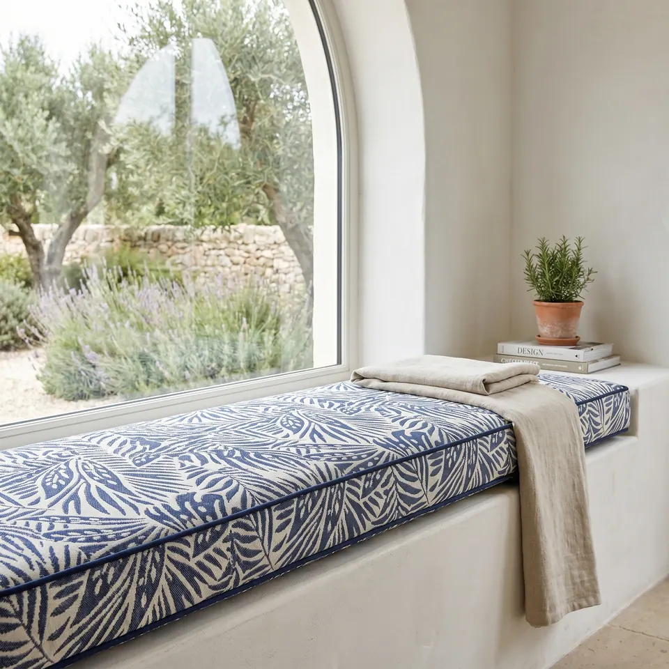Navy and cream palm-leaf jacquard window seat cushion with navy piping on a plaster ledge below an arched window