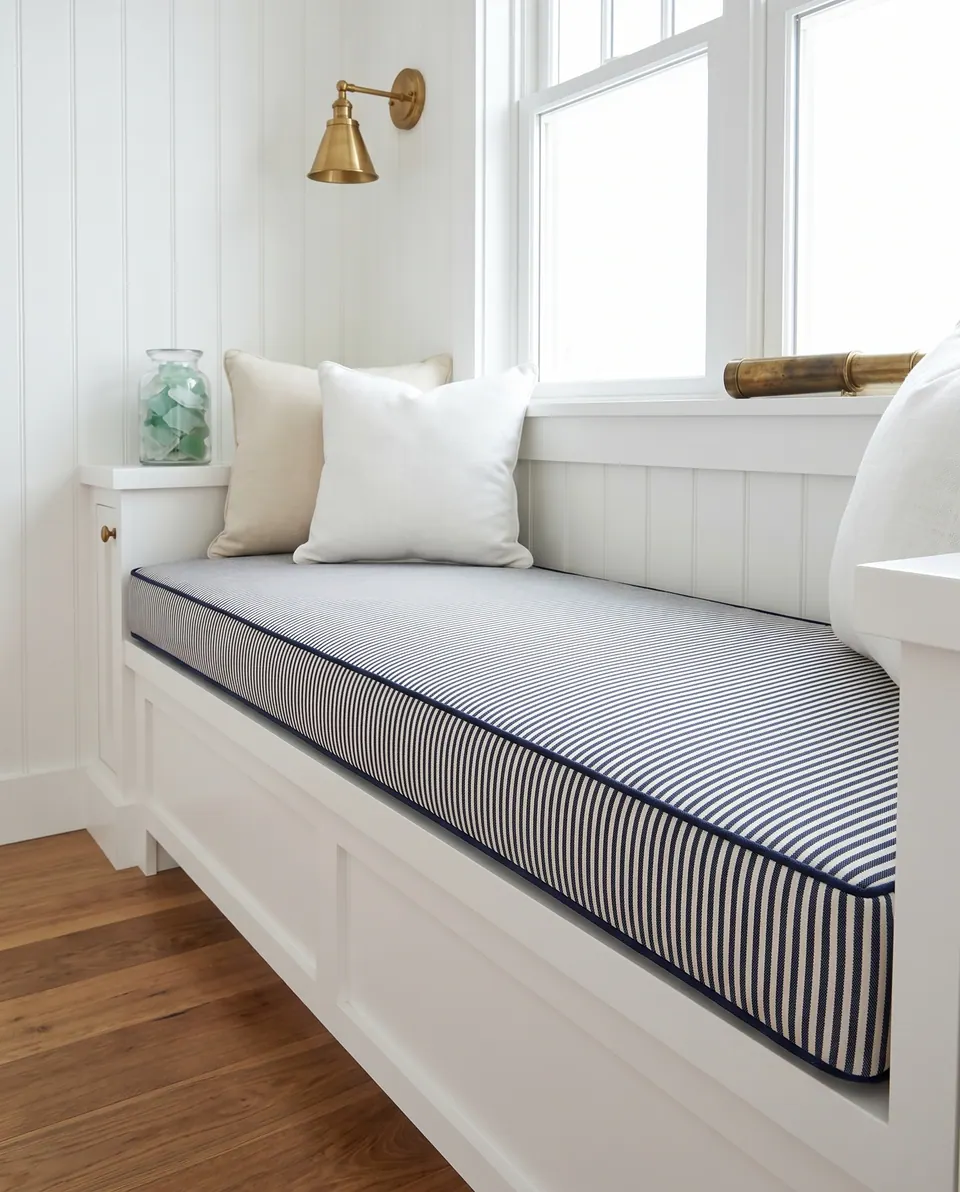 Navy ticking stripe window seat cushion with navy piping in a white paneled nook, brass sconce and linen pillows