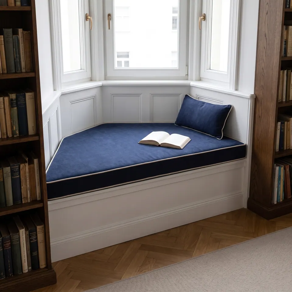 Navy linen-look trapezoid window seat cushion with ivory piping and matching pillow in a bay flanked by dark wood bookshelves
