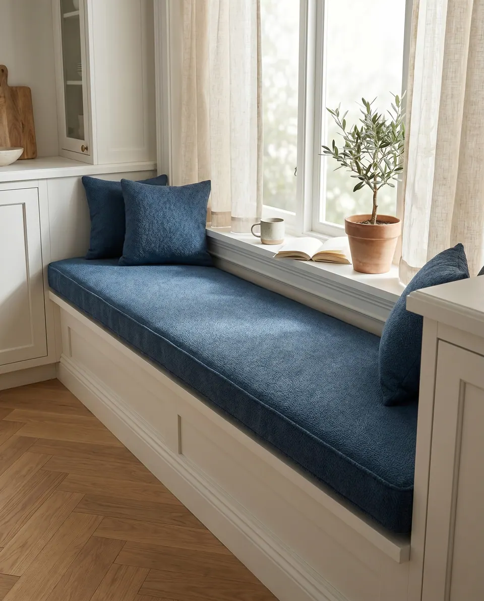 Navy textured window seat cushion with matching pillows on a white kitchen built-in, olive tree and book on the sill