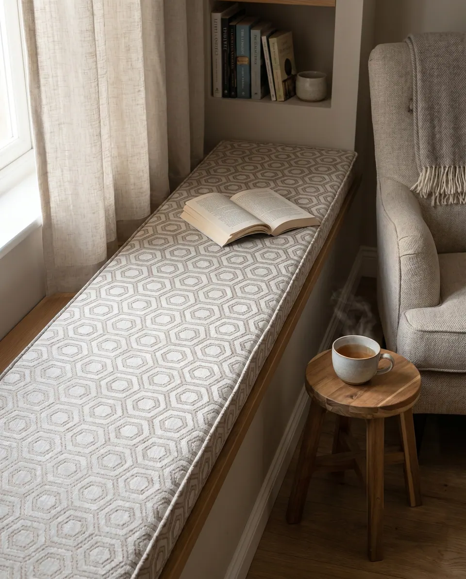 Pinned: Oatmeal and cream hexagon jacquard cushion on a narrow window ledge with an open book, linen curtains and a cup of tea