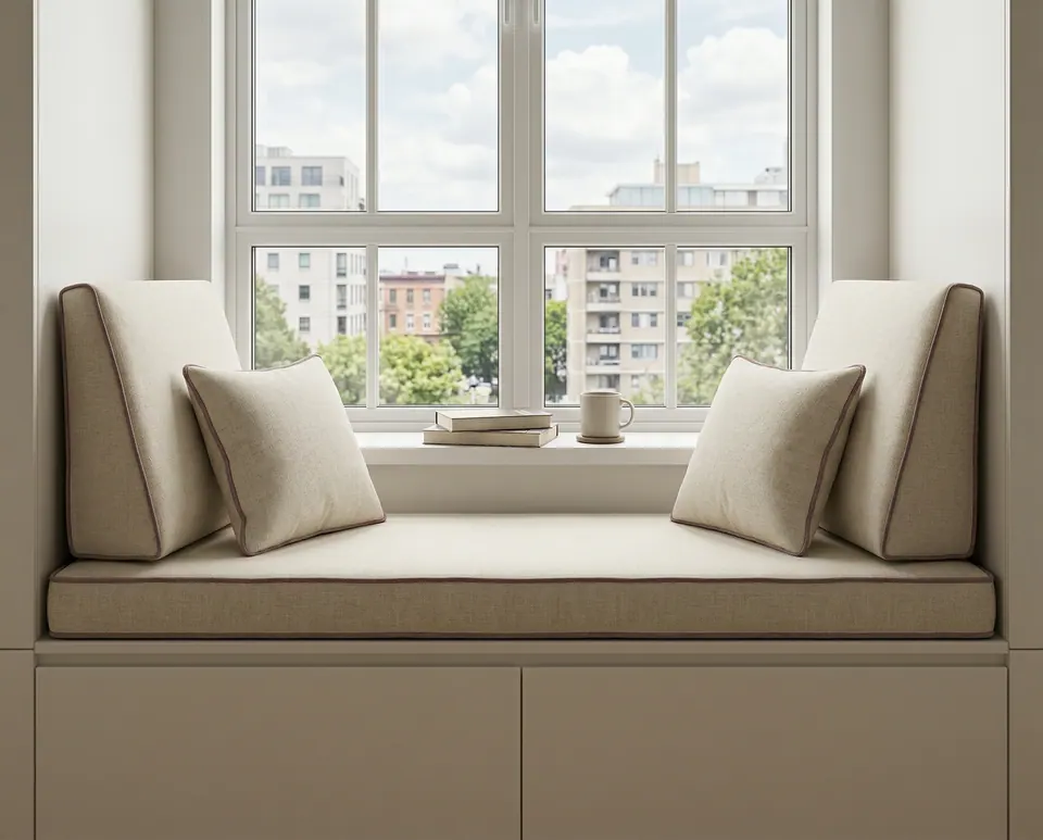 Oatmeal linen-look window seat cushion with taupe piping, triangular wedge backrests at both ends, two square pillows