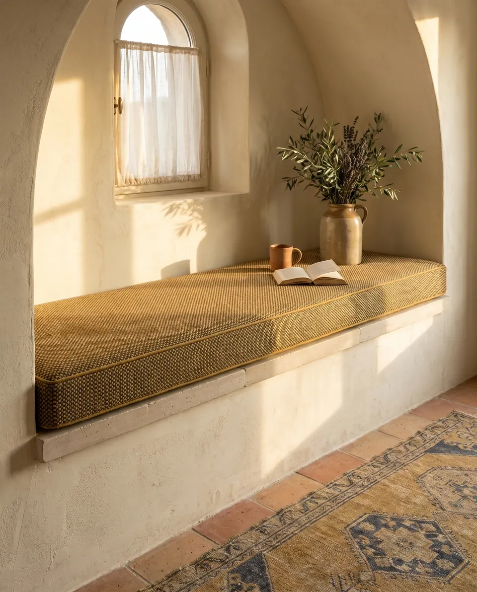 Ochre dotted chenille cushion with piping on a stone ledge in an arched plaster alcove, olive branches in a stoneware jug