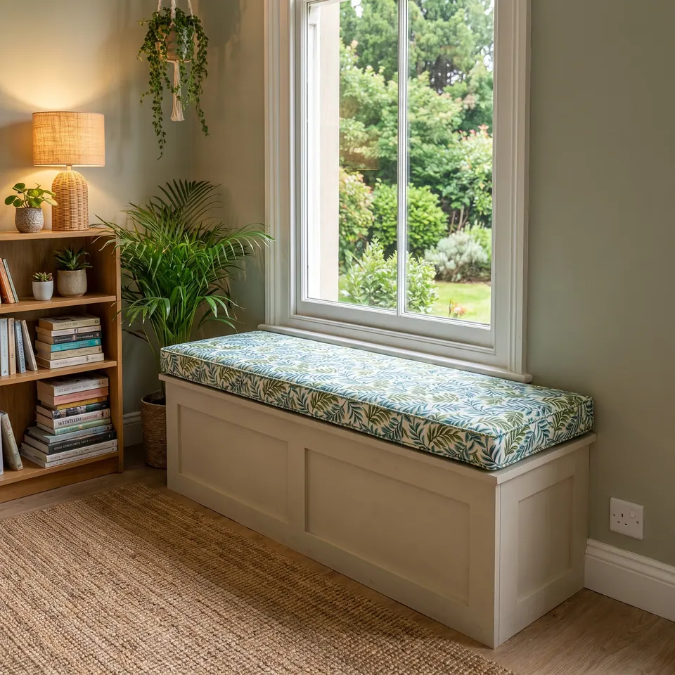 Palm leaf print box cushion in green and teal on a cream storage chest under a garden window in a sage reading corner