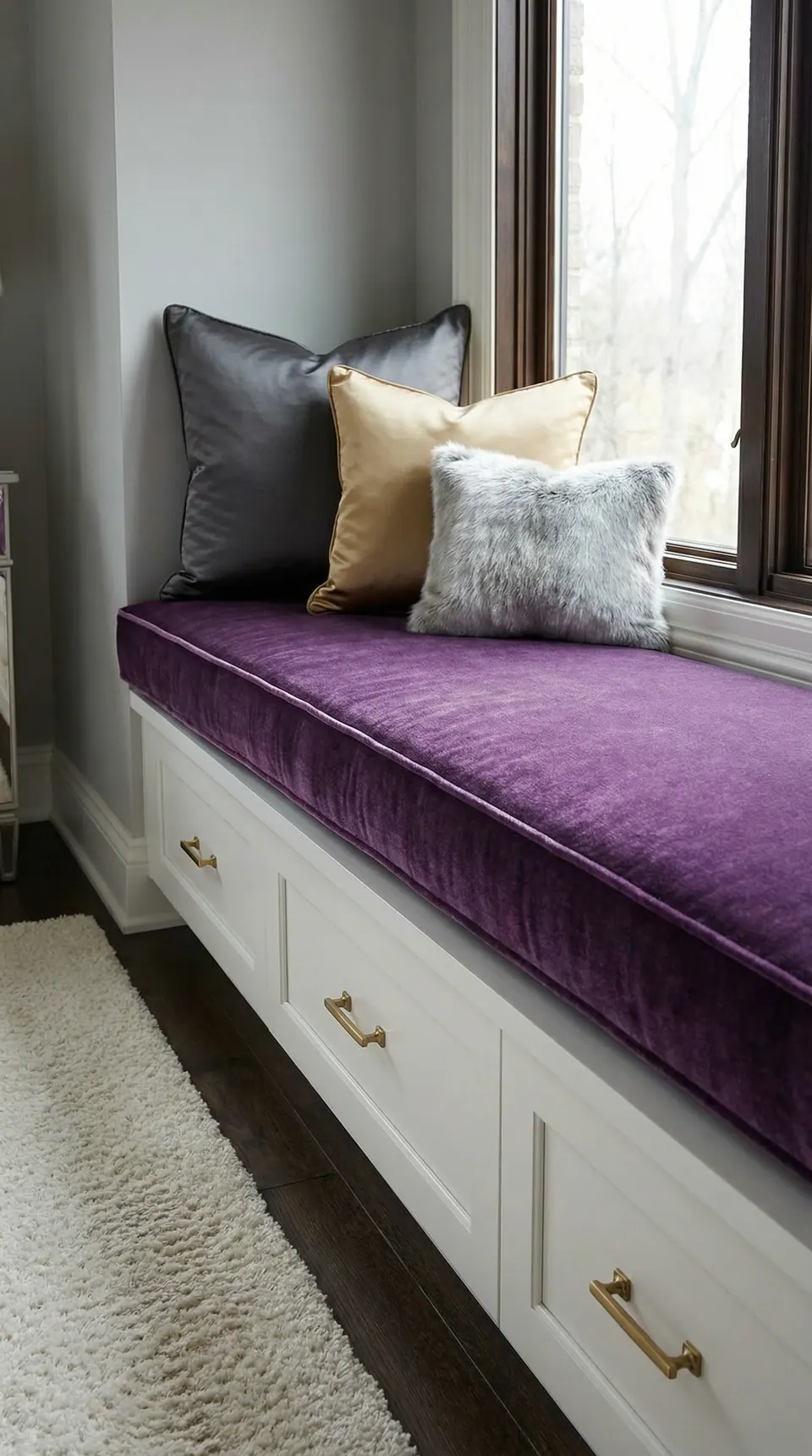 Plum velvet window seat cushion with self piping on white drawers with brass pulls, with charcoal, gold and faux-fur pillows