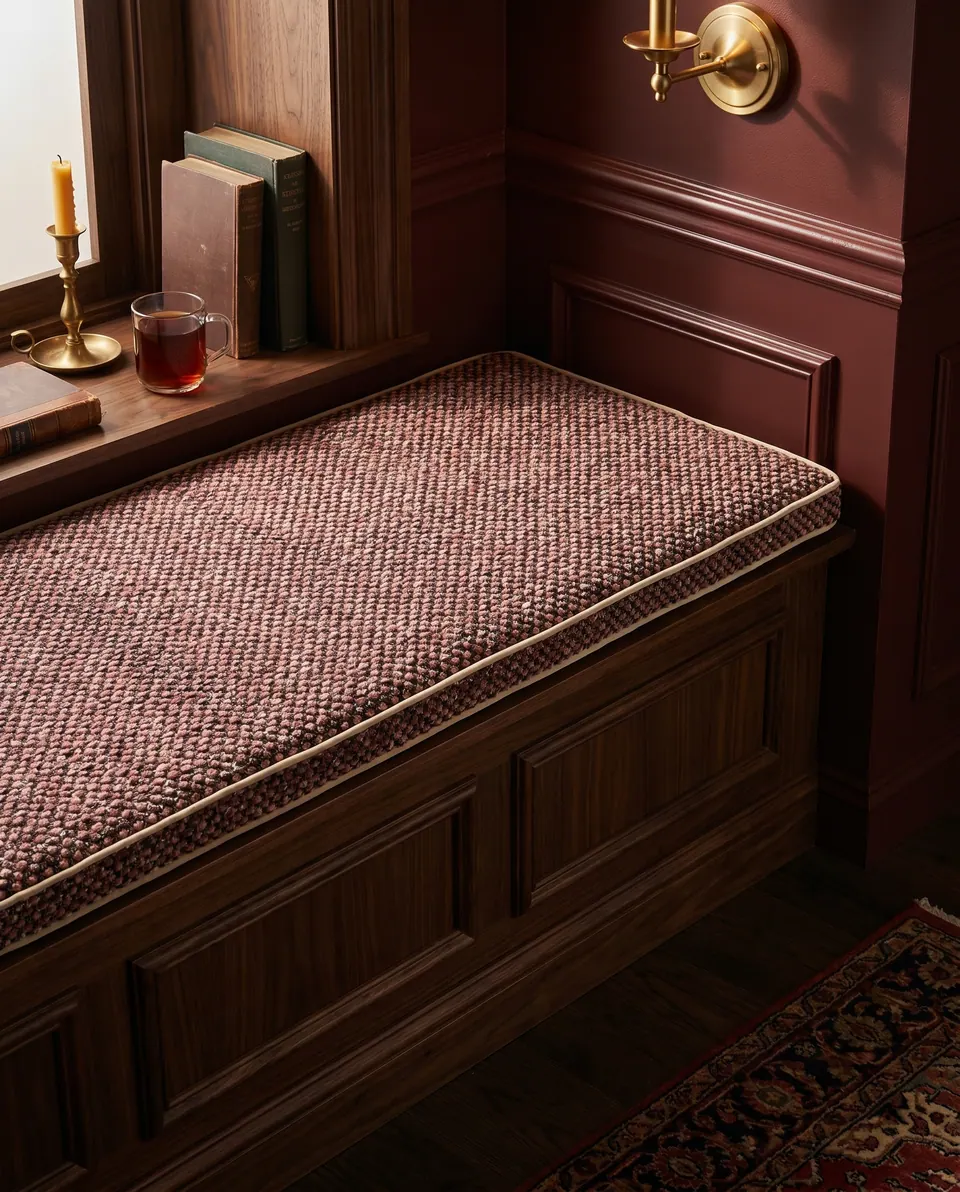 Rose-plum dotted chenille window seat cushion with champagne piping on a walnut paneled seat, brass sconce and candle