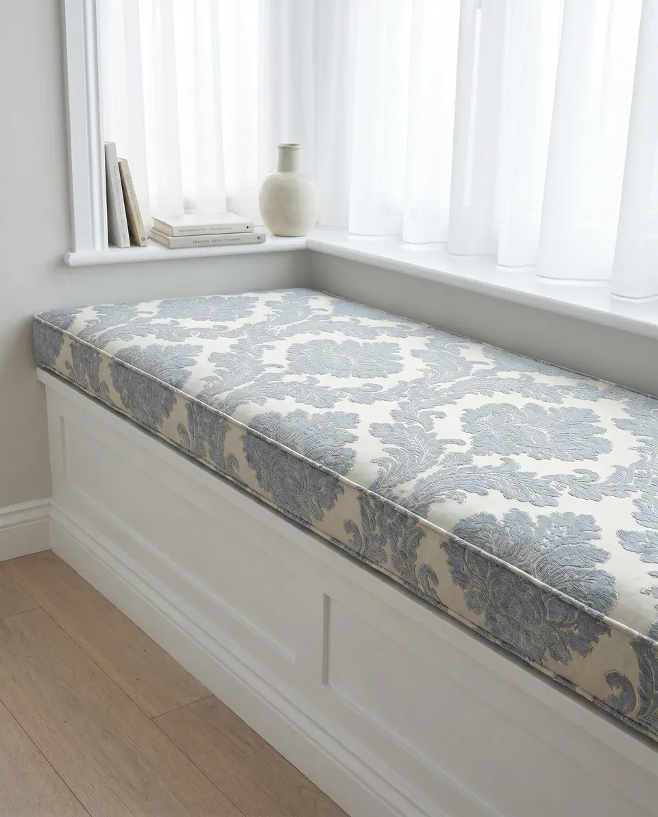 Powder blue and cream damask box cushion with piping on a white paneled window seat under sheer white curtains