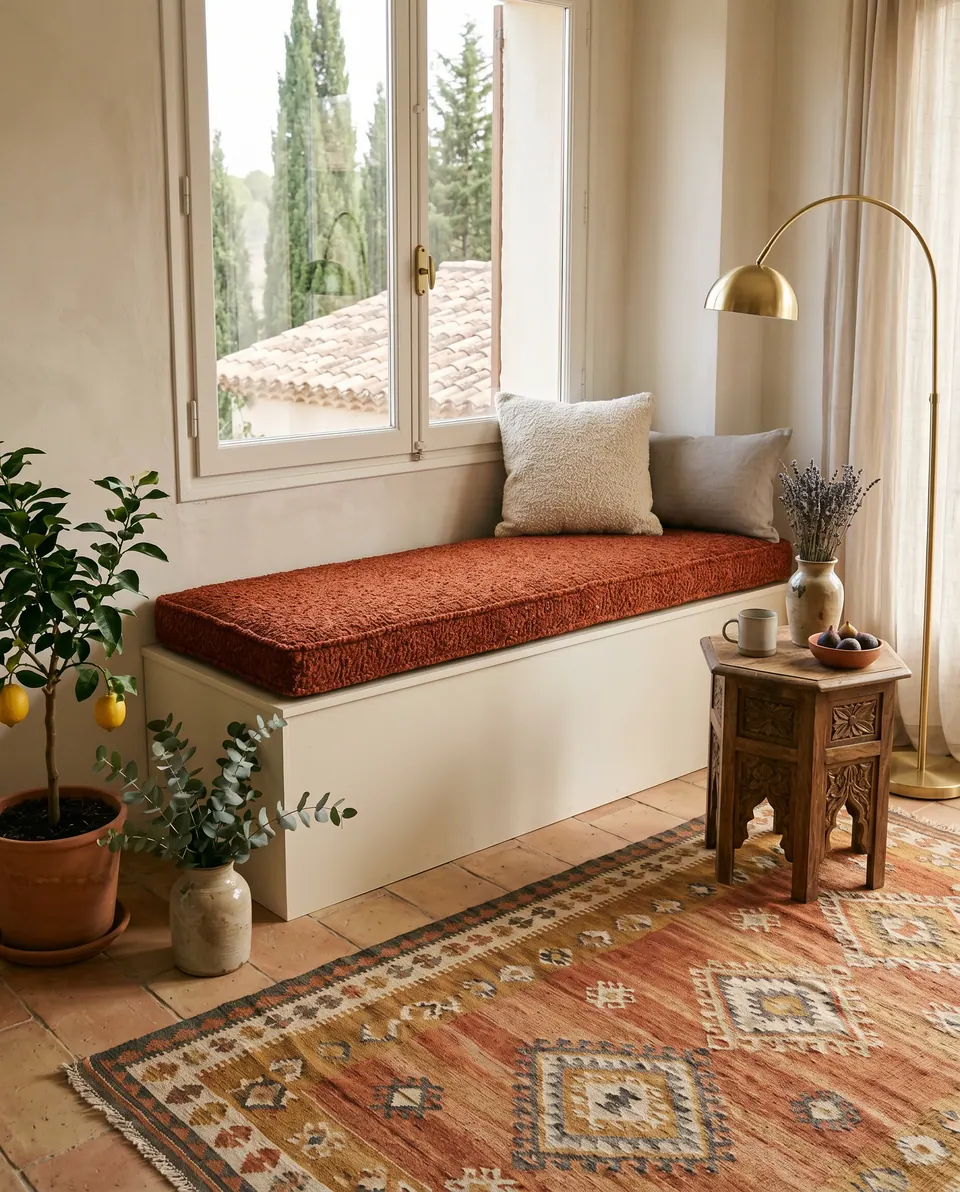 Rust bouclé window seat cushion on a white plinth under a casement window with cypress view, cream pillow and kilim rug