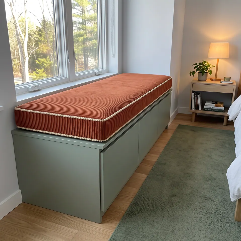 Rust corduroy cushion with cream contrast piping on a sage green storage bench under a bedroom window by an oak nightstand