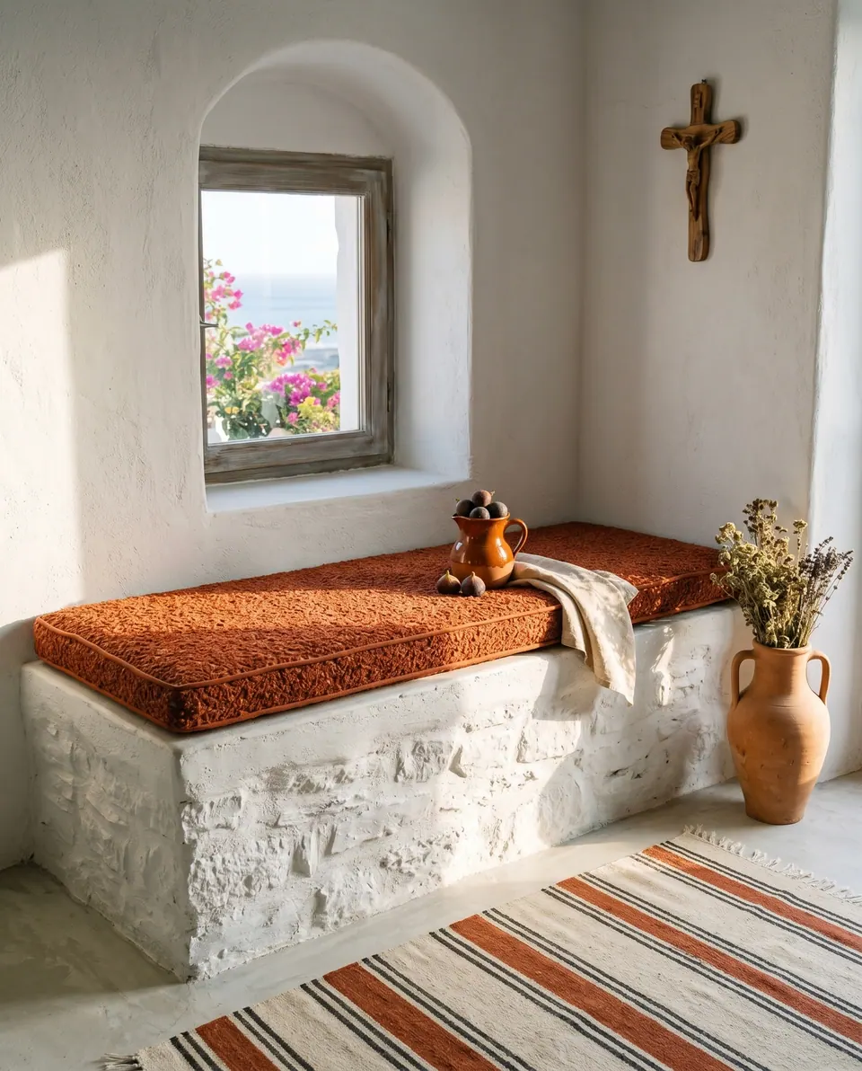 Rust-orange textured box cushion with self piping on a whitewashed stone bench below a small arched sea-view window