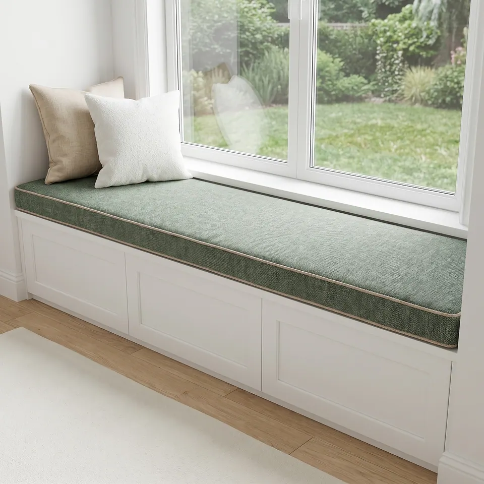 Sage green window seat cushion with sand piping on a white shaker-paneled base, taupe and white pillows, garden view