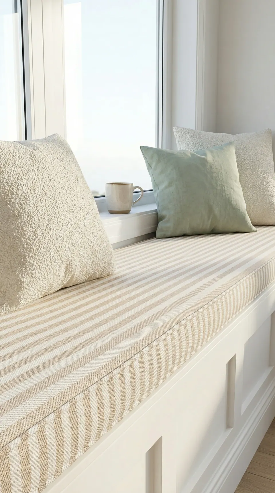 Sand and cream herringbone stripe window seat cushion with a bouclé pillow, a sage linen pillow and a mug on the sill