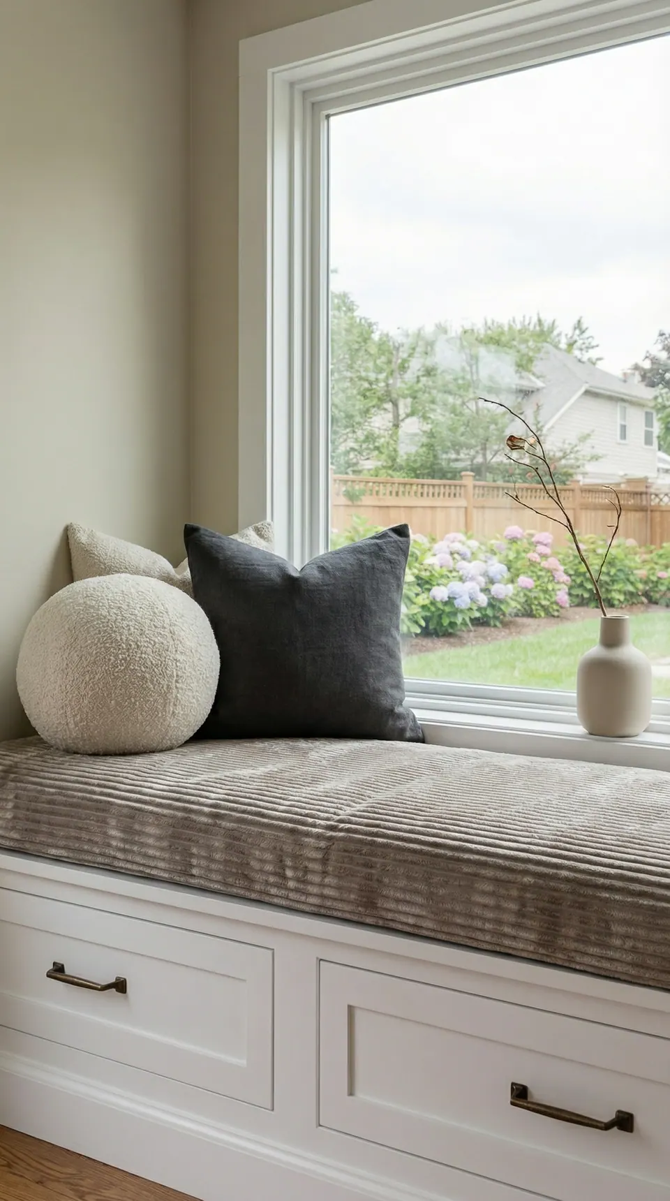 Taupe corduroy window seat cushion on white built-in drawers with boucle and charcoal pillows by a garden window