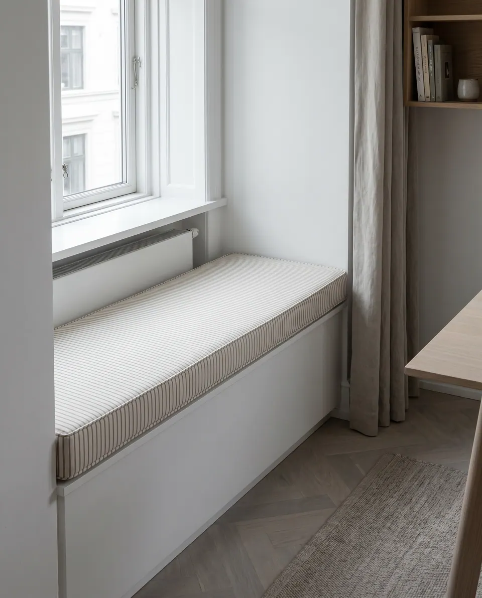 Taupe pencil-stripe window seat cushion on a white built-in box under a window in a Scandinavian home office