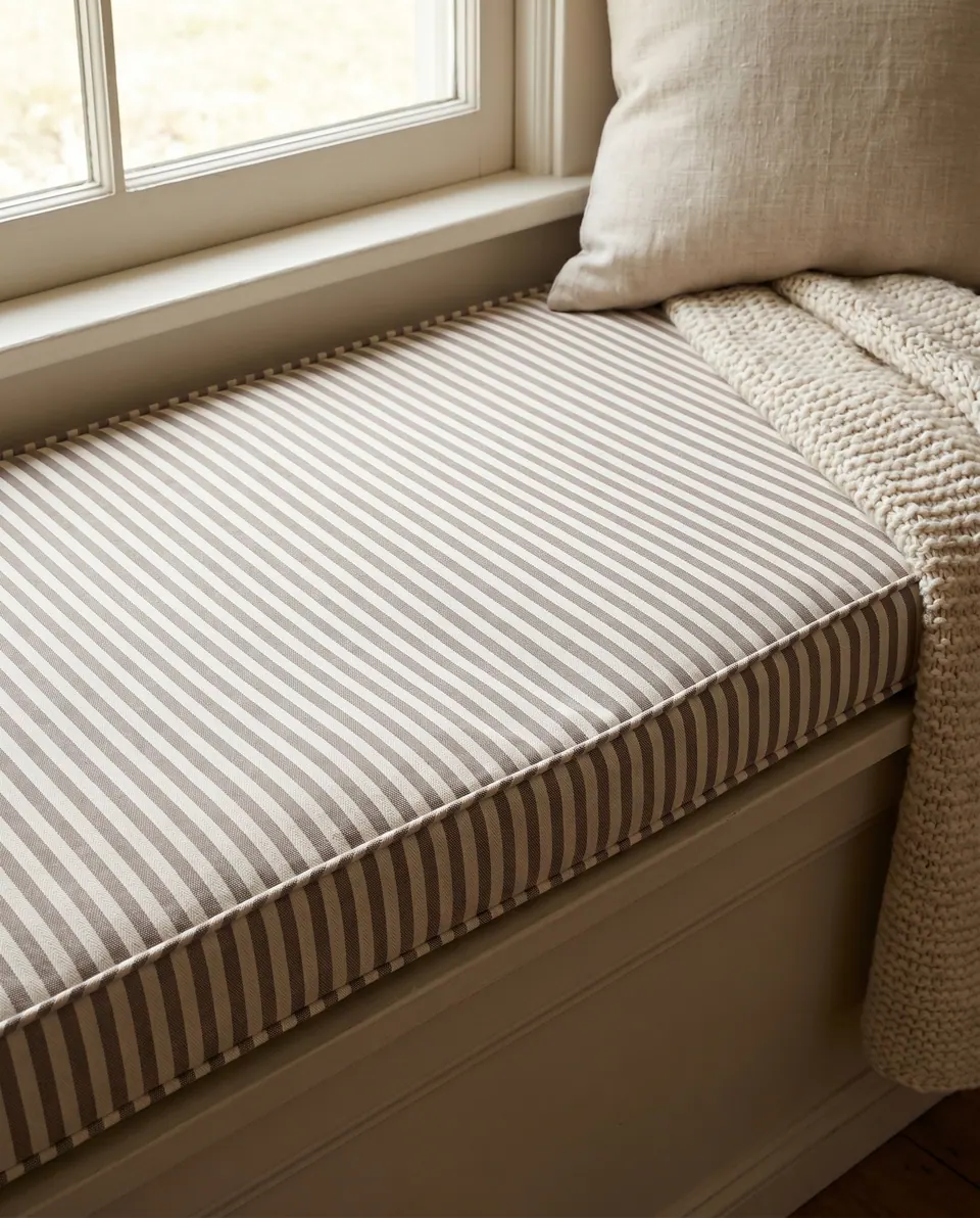 Cream and dark taupe striped window seat cushion with self piping, an oatmeal pillow and a chunky knit throw