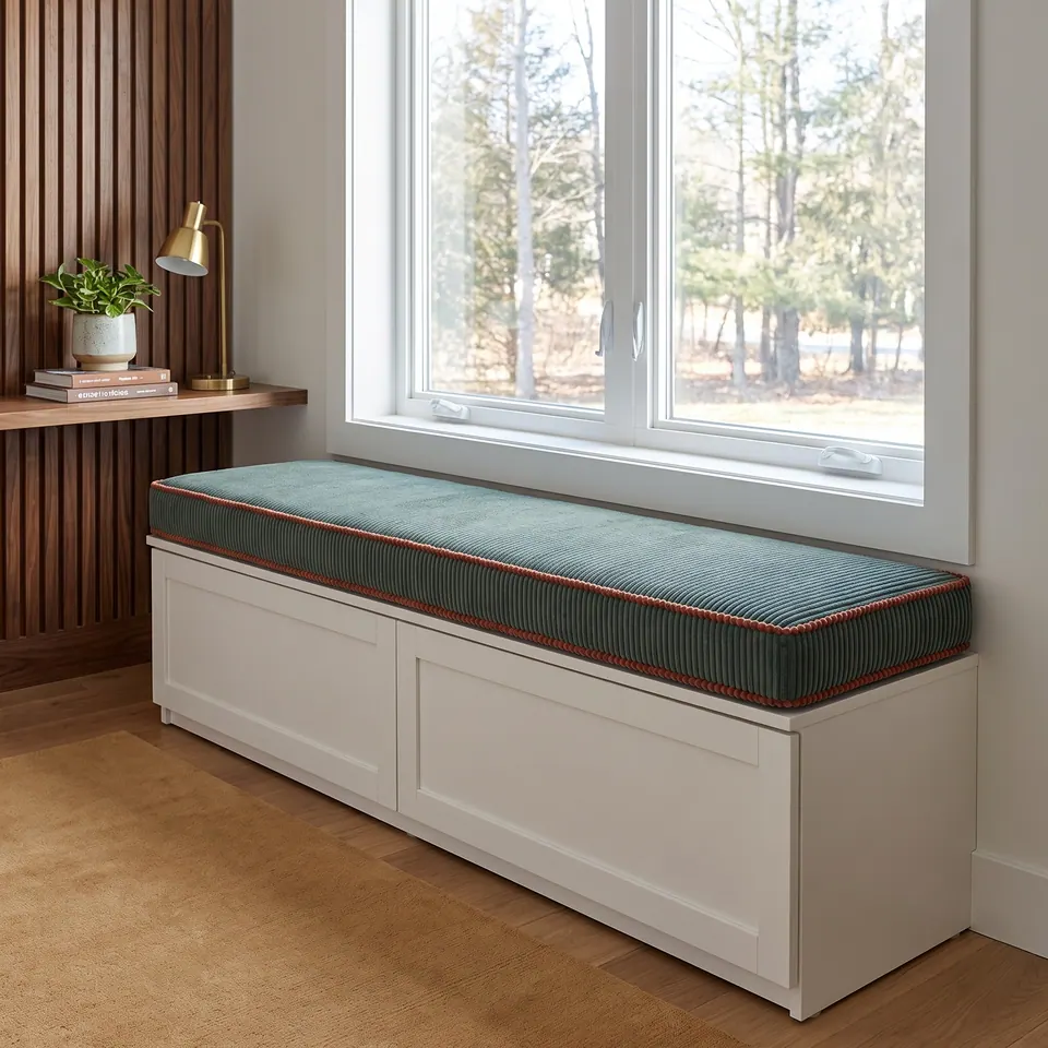 Teal corduroy cushion with rust contrast piping on a white drawer bench under a wide window beside a walnut slat wall